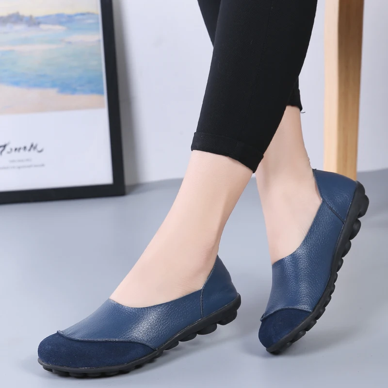 2022 New Ladies Shoes Woman Split Genuine Leather Woman Flats Slip On Woman\'s Loafers Female Moccasins Shoes Plus Size 35-44