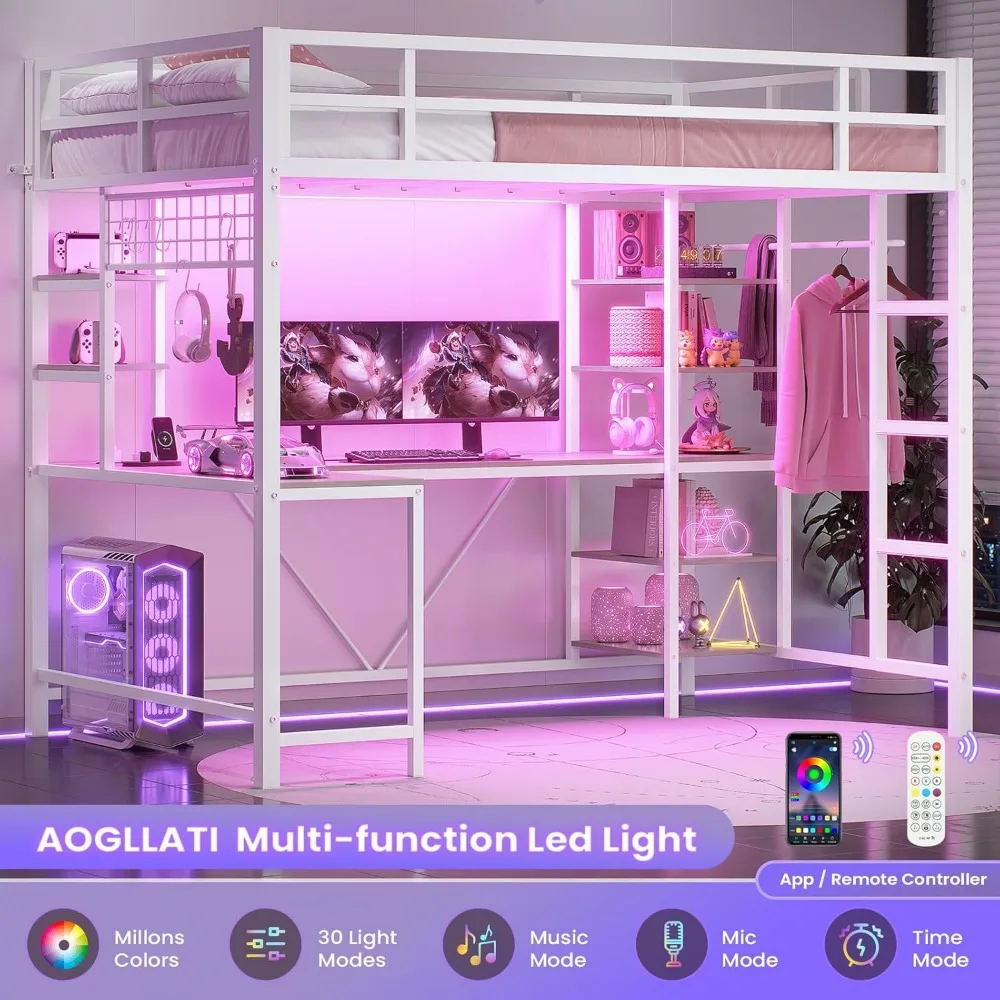 سرير علوي معدني مزدوج الحجم مع مكتب، وأرفف تخزين، وسكة ملابس، ومحطة شحن، وأضواء LED