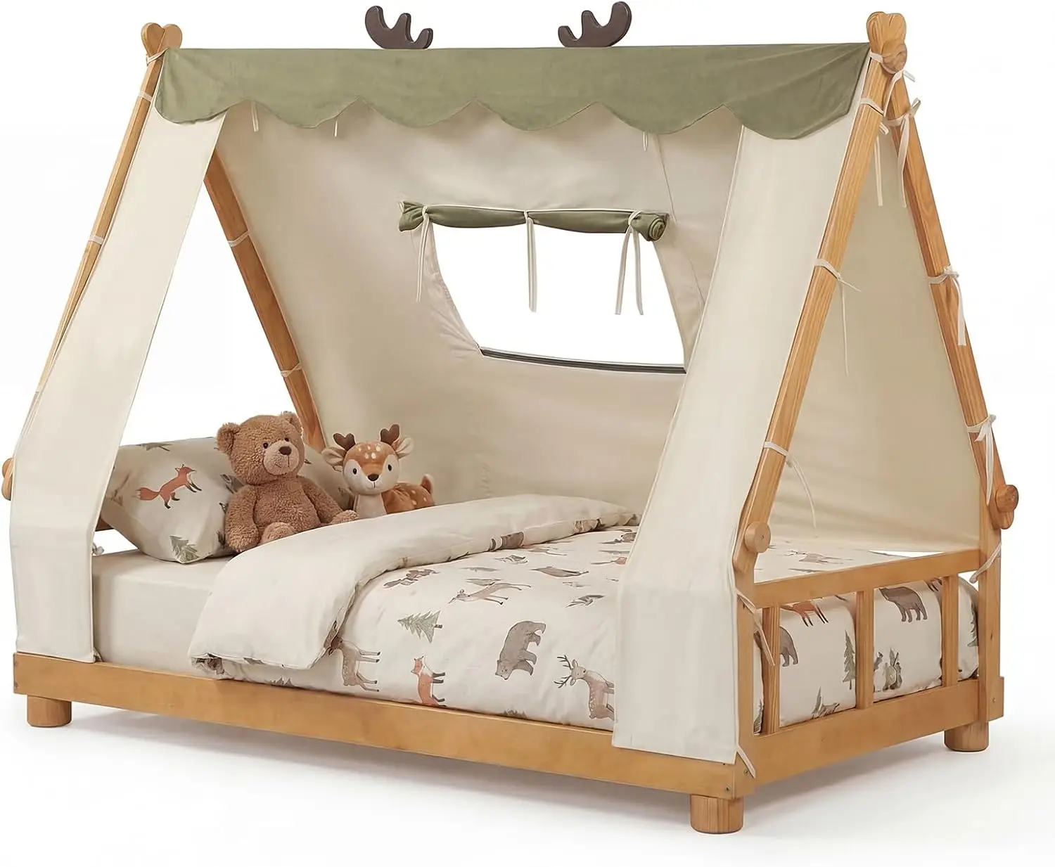 Wooden Twin Bed Frames Kids House Antlers Floor Bed Montessori Tent Window Fence Guard Rails Wooden Slat Support No Box Spring N