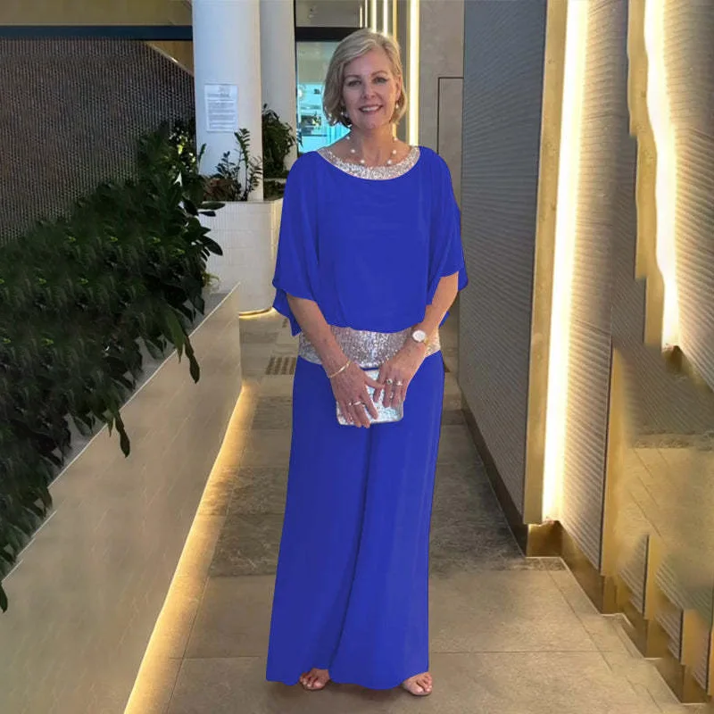 طقم سراويل نسائية لامعة irt وبنطال ذو قصة أرجل واسعة قابلة للتخصيص، مجموعة مطرزة بالترتر لـ Ocns الخاصة