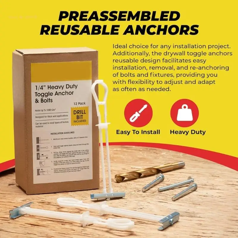 

Анкеры для гипсокартона с болтами в комплекте для тяжелых анкеров для полых гипсокартонов диаметром 1/4 дюйма-20, Прямая