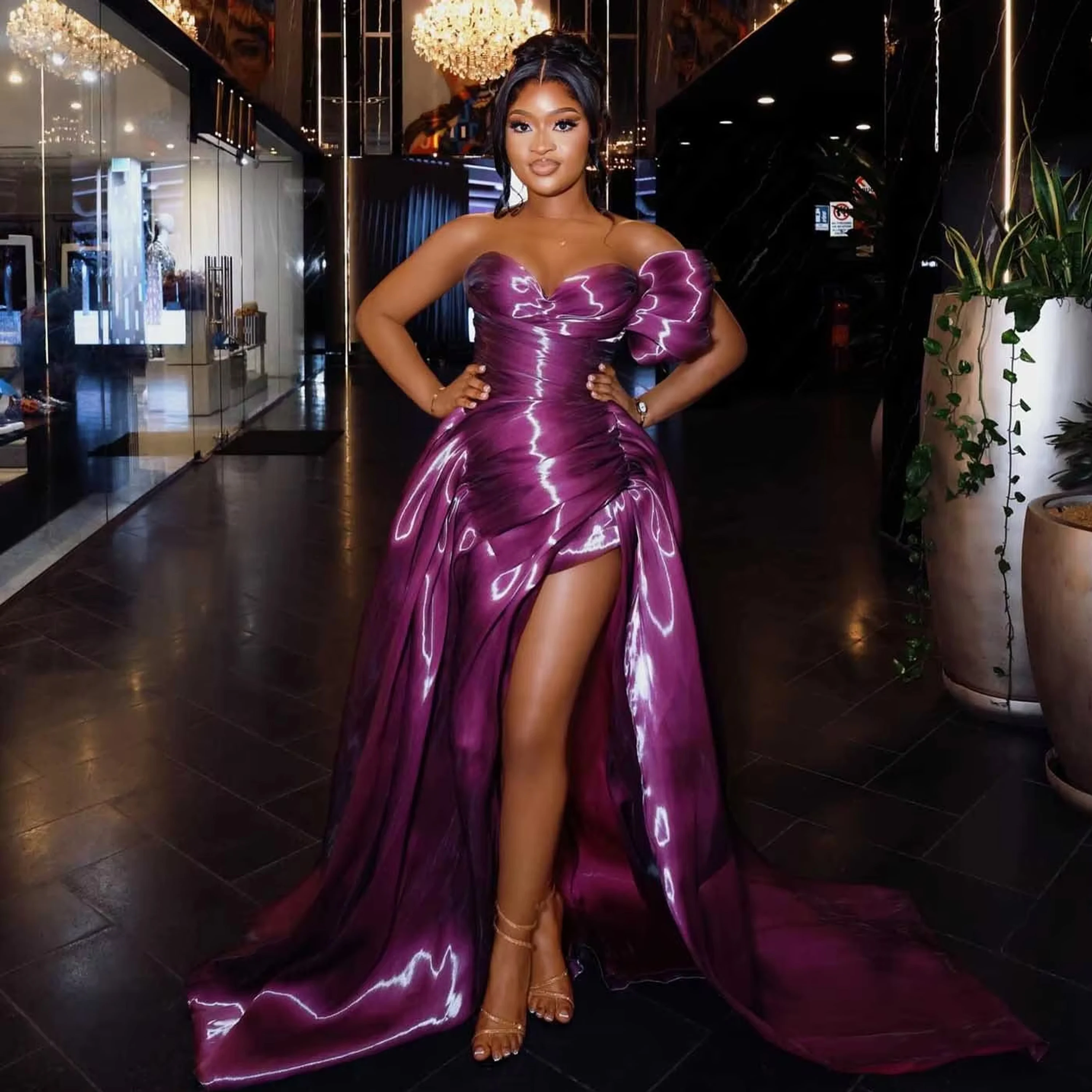 

Shiny Satin Luxury Puff Sleeve Purple High Split Prom Dress Formal Red Carpet Gown Wedding Evening Party Gown 2026 Customized
