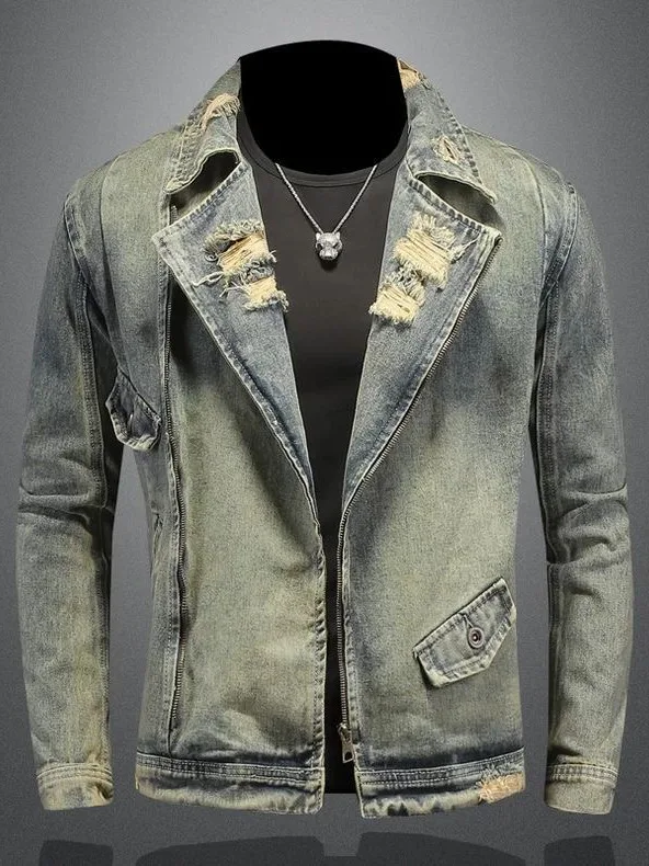 Retro American Motorcycle Denim Jacket Men's Spring Autumn Washed Hole Zipper Suit Collar Jacket Trendy Brand Handsome