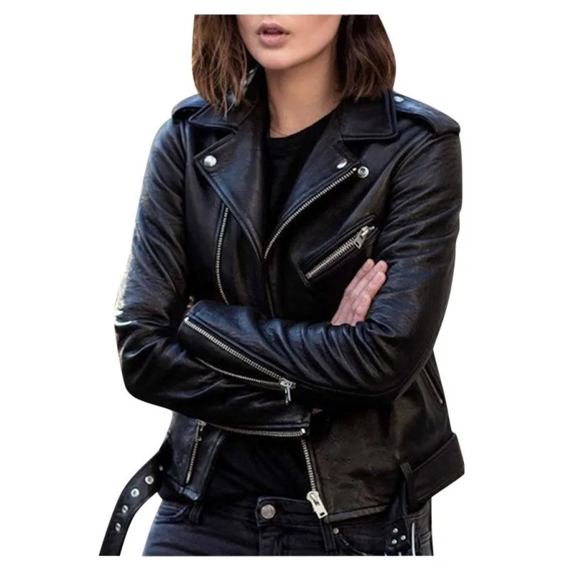 Women's Gothic PU Jacket Notched Collar Slim Fit Studded Short Length Long Sleeve Zipper Closure Winter Coat Female Clothing