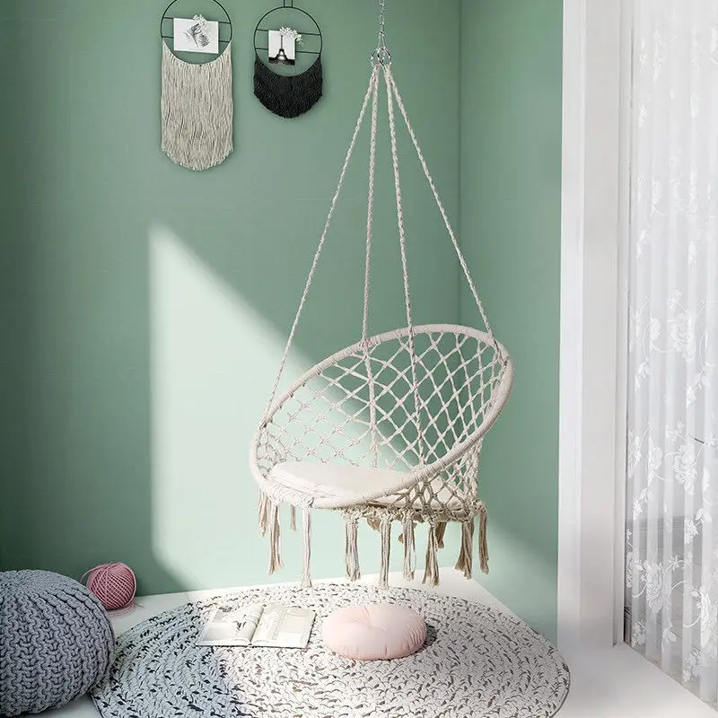 Hanging Swing Outdoor Chair Hand-knitted Tassel Comfortable Sturdy Lace Hammock for Indoor Hammock Chair with Pillow