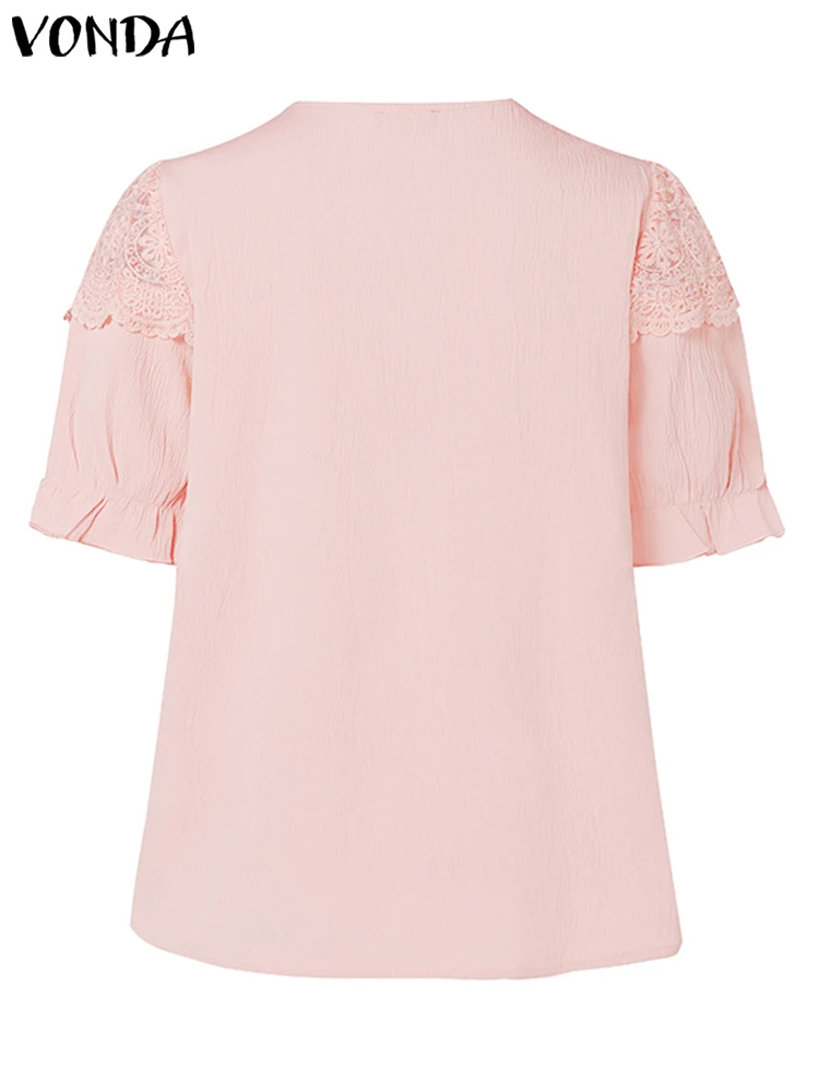 VONDA-blusa elegante de encaje para mujer, camisa Sexy de manga corta abullonada con cuello en V, botones, informal, para oficina, verano, 2024