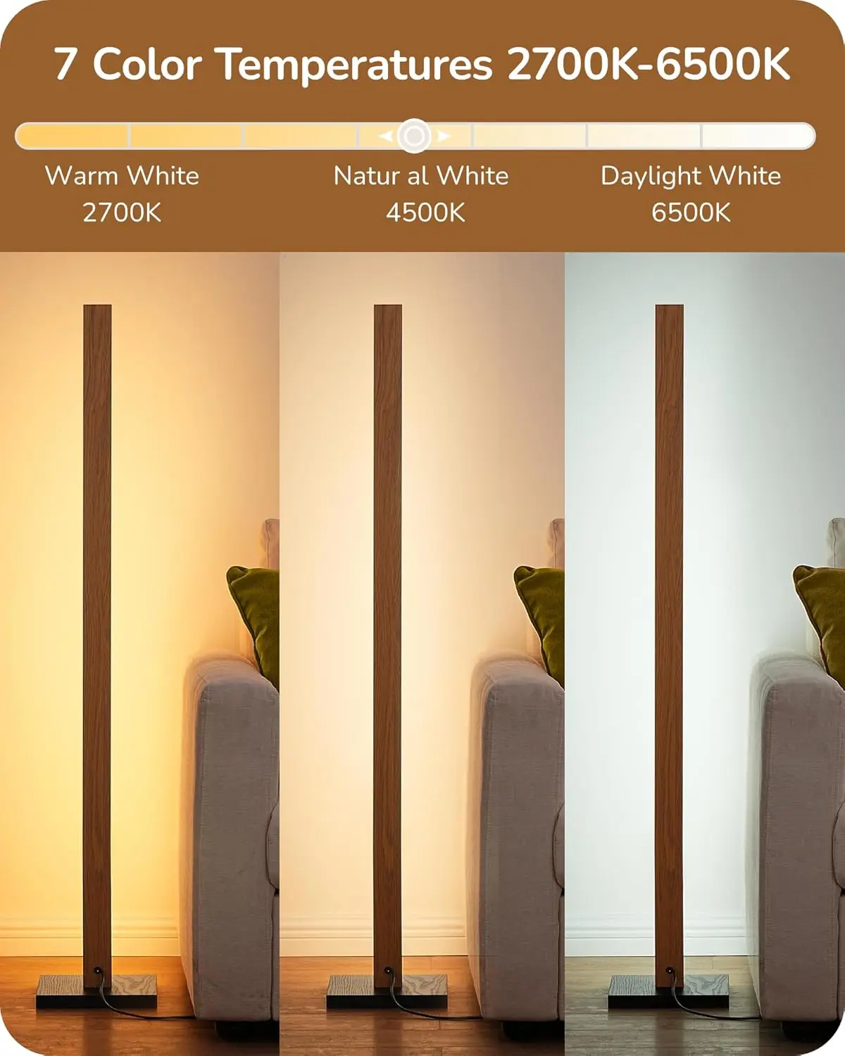 Modern Dimmable Floor Lamp with Remote, Wood LED Corner Light for Living Room, Bedroom, Office, 7 Color Temperatures view 4