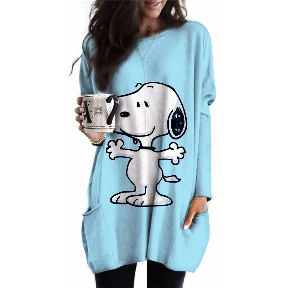 Snoopy printed women\'s T-shirt autumn long sleeved pocket T-shirt fashionable casual top daily loose round neck women\'s clothing