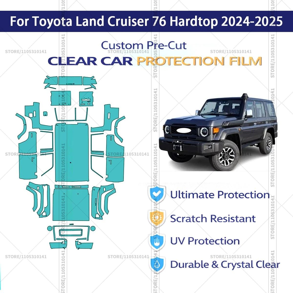 

Защитная пленка PPF для Toyota Land Cruiser 76 Hardtop 2024-2025, предварительно вырезанная, прозрачная, для полной оклейки автомобиля