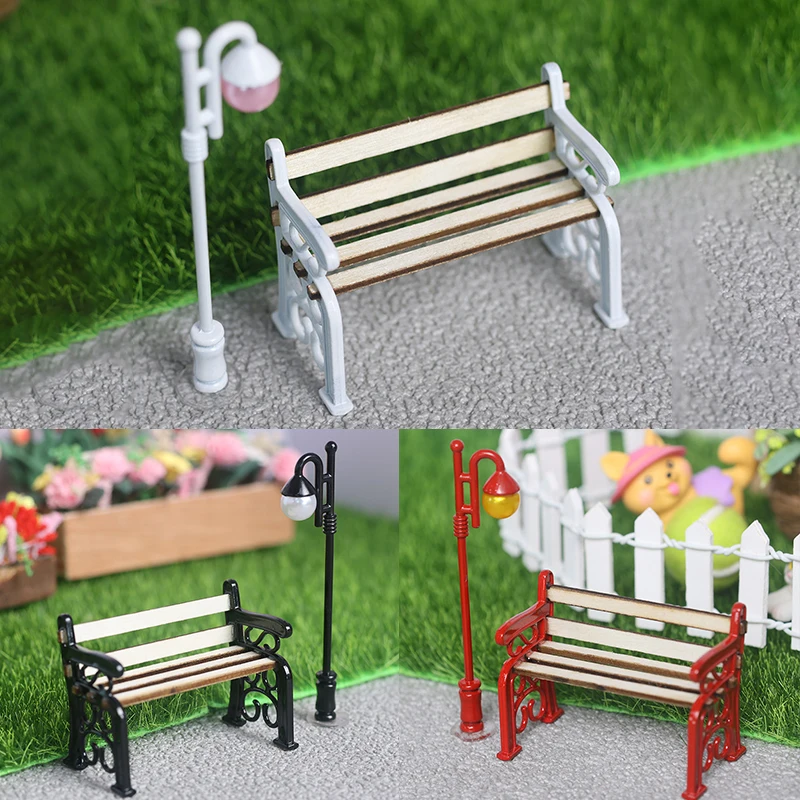 2Pcs/set 1:12 Dollhouse Miniature Wooden Park Bench Street Lamp Suit Fairy Garden Ornaments Outdoor Furniture Model Decor Toys