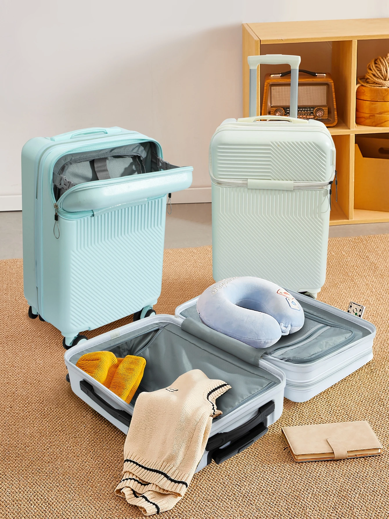 Fashionable semi open rechargeable striped simple large capacity luggage compartment with side hooks and universal wheels