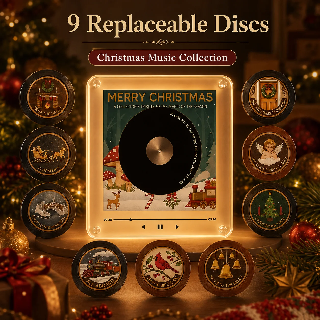 Christmas Magnetic Fridge Sticker NFC Singing Music Player Acrylic Vinyl Record Night Light with 9 Interchangeable Discs