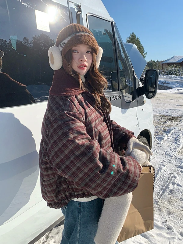 레드 니트 체크 다운 재킷 여성용 레트로 디자인 겨울 따뜻한 두꺼운 아우터웨어 캐주얼 루즈핏 화이트 다운