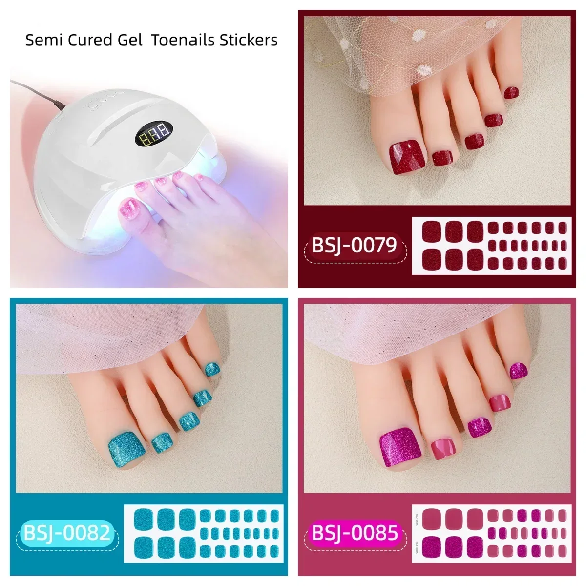 26/34Tips Toe Gel Nail Sticker Hardens with UV Lamp Curing Gel Sticker Waterproof Pure Color Full Cover Polish Wraps Foot Strips