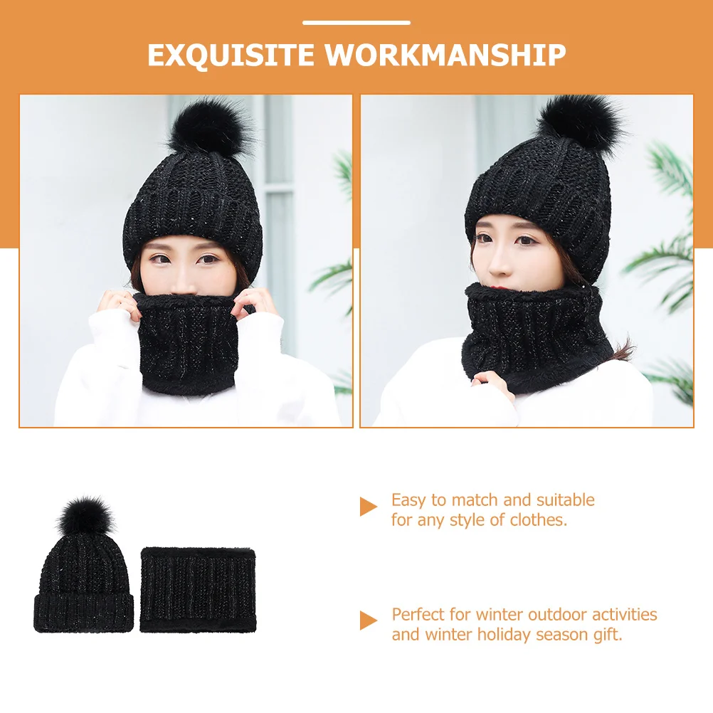 قبعة شتوية محبوكة سميكة للنساء مجموعة وشاح قبعة غزل دافئة للطقس البارد في الهواء الطلق هدية قبعة صوفية سوداء سميكة