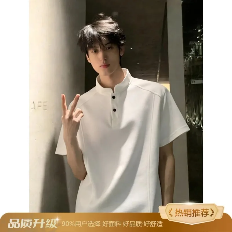 Men's Deconstructed Stand Collar Polo Shirt Casual Loose Short Sleeve Solid Color T-shirt