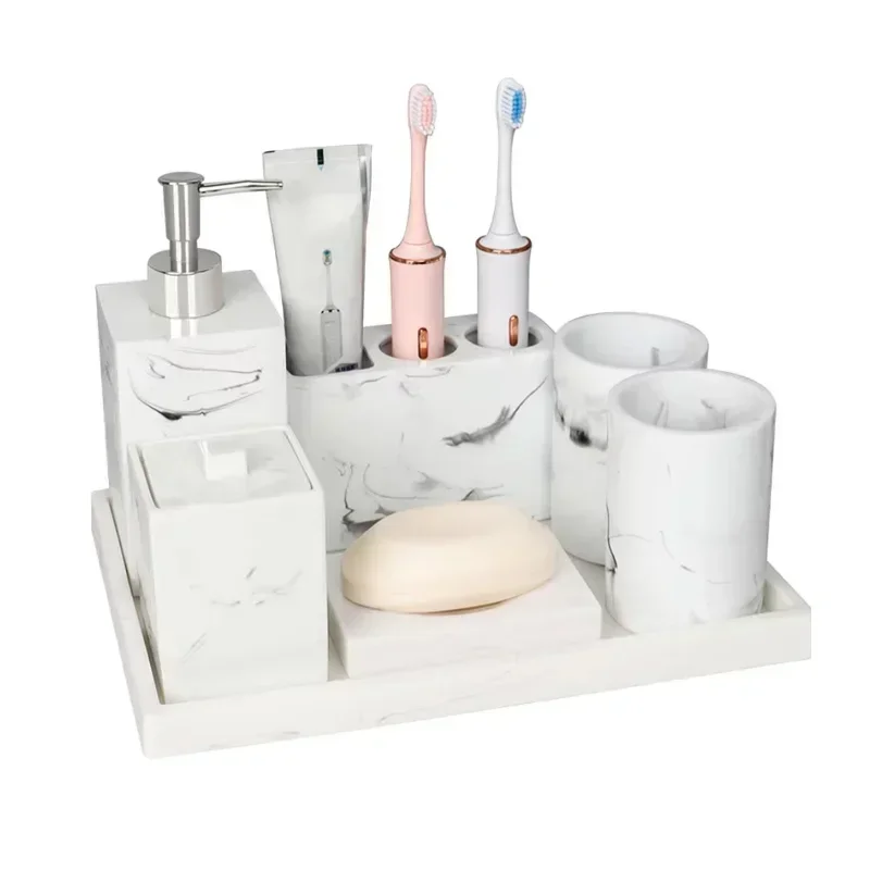 Luxurious White Ink Resin Bathroom Decoration Accessories Upscale 5 Piece Toothbrush Holder Shower Accessories Storage Tray