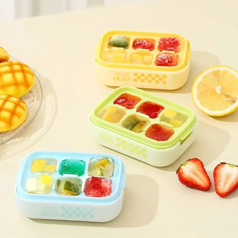 Press Type Ice Cube Tray with Lid & Bin Silicone Ice Cube  6 Grid Ice Making Mould for Beer Quick-freeze Kitchen Gadget