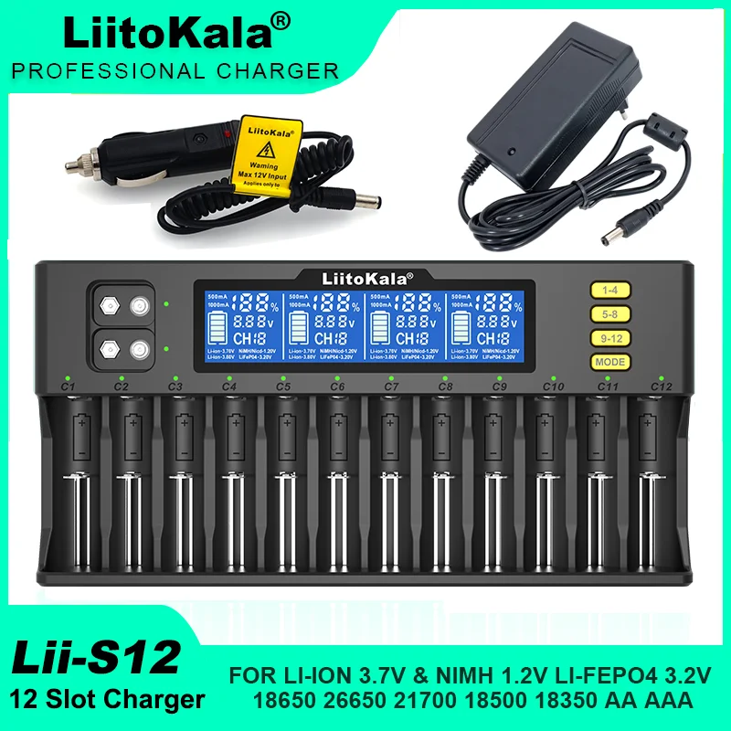 LiitoKala Lii-S8 Lii-S12 LCD Battery Charger for Li-ion LiFePO4 Ni-MH Ni-Cd 9V 21700 20700 26650 18350 18650 RCR123 18700