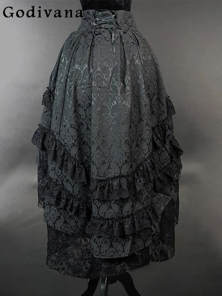 

Gothic Vintage Lace Irregular Sexy Girl Versatile Cake Skirt Subculture Front Short Back Long High Waist Jacquard Black Skirts