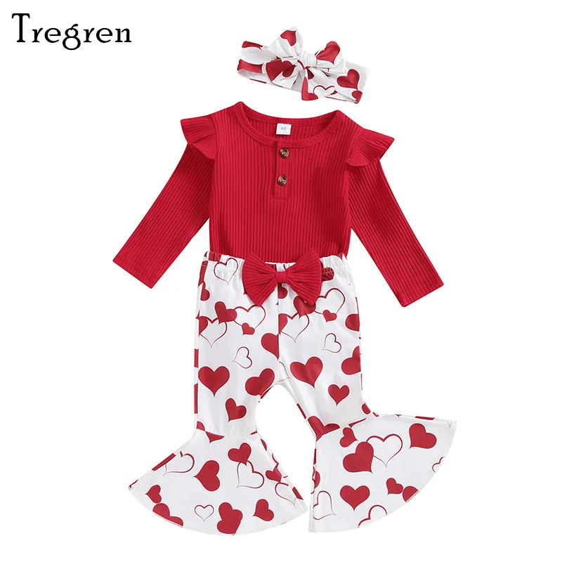 

Tregren 0-18M Newborn Baby Girls Valentine’s Day Outfits Long Sleeve Romper + Heart Flare Pants + Headband Set Infant Clothes