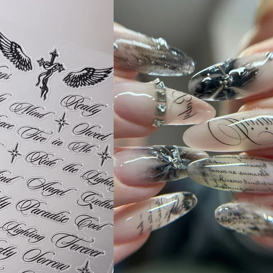 Calcomanías de uñas con letras en blanco y negro, alas de ángel, diseños mixtos holográficos, estilo Y2K, DIY 4