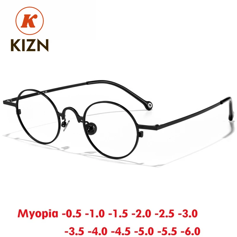 

KIZN винтажные титановые круглые очки для близорукости в оправе с эффектом памяти для женщин и мужчин, оптические очки с защитой от синего света, очки от -0,5 до -6,0