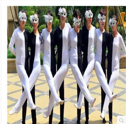 Black white optical illusion leg Siamese dance costumes Adult child Russian performance clothing personality ballroom dress