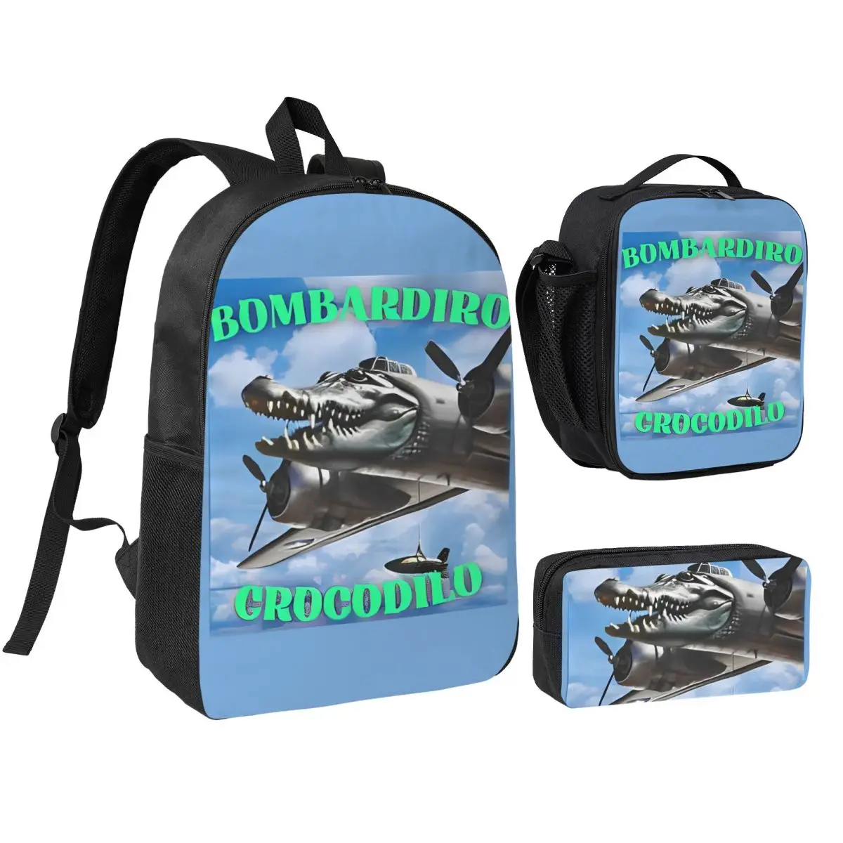 

Забавный рюкзак Meme Bombardiro Crocodilo, 3 шт./компл., рюкзак для мальчиков и девочек, итальянский рюкзак Brainrot, сумка для обеда, пенал