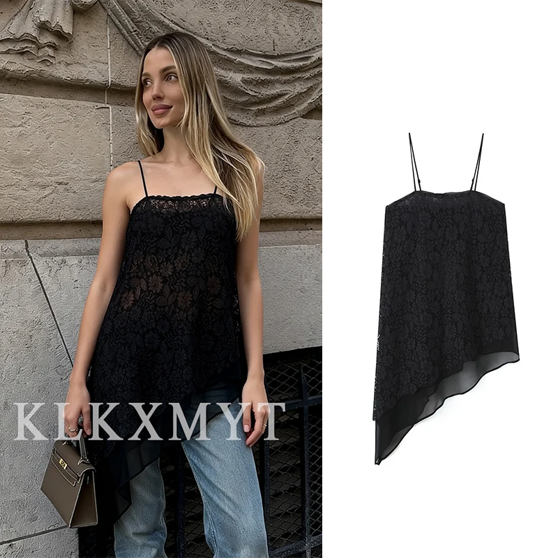 

Women Sexy Lace Sling Top 2025 Women New Fashion Sleeveless Backless Asymmetric Hem Lace Top Lady Hight Street Elegant Sling Top