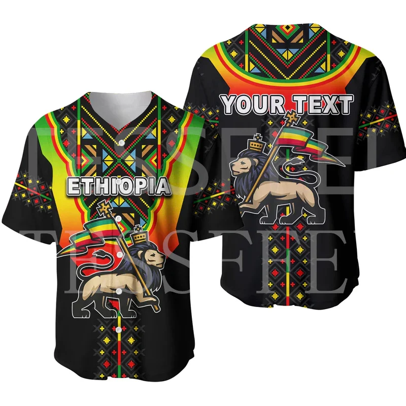 Custom Name Africa County Ethiopia Reggae Lion Tattoo 3DPrint Summer Harajuku Casual Baseball Jersey Shirts Short Sleeves XA4