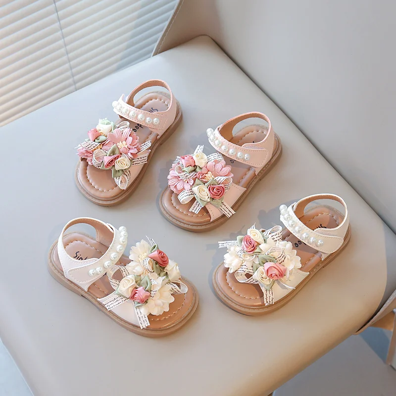 

YUYIN Children's Flower Sandals Simple and Versatile Rose Flower Bow Decoration Comfortable and Non-Slip Children's Beach Shoes