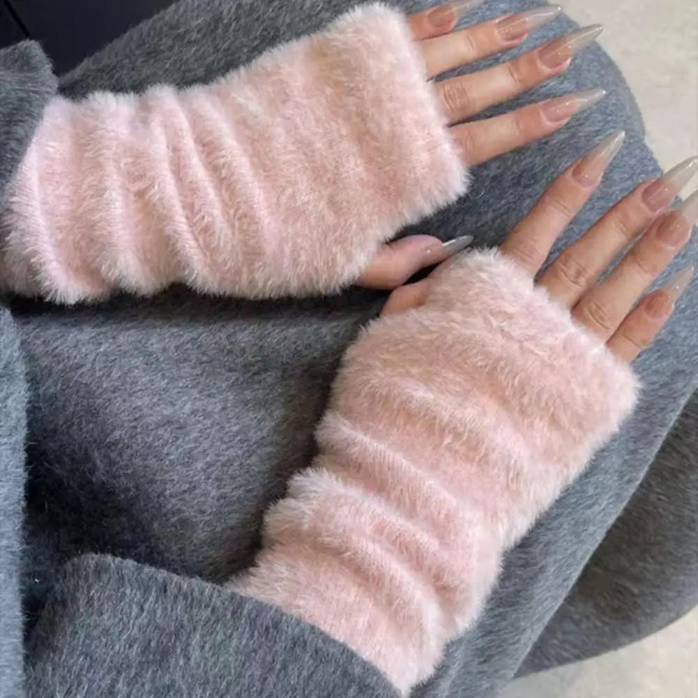 

Velvet Gloves Winter Mittens Knitted Faux Fur Arm Warmers for Fall Winter Cycling Non-slip Half Finger Gloves with High