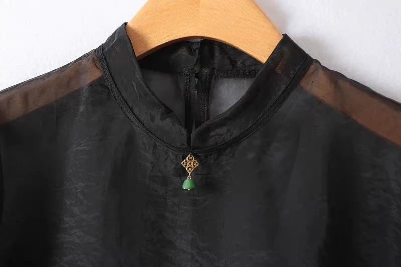 2025 neue Sommer Stehkragen Schwarze Bluse Frauen Mode Sexy Durchsichtig Seide Sonnenschutz Frauen Hemd Casual Weibliche Tops