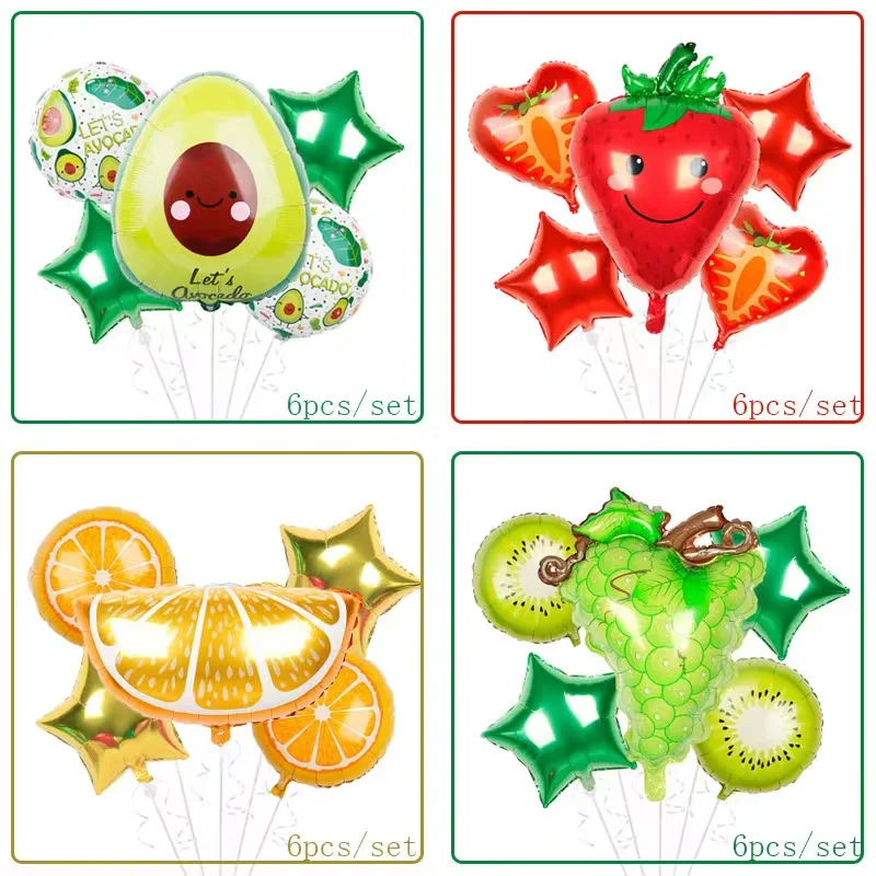 6pc/Set of Watermelon Foil Strawberry Banana Fruit Balloons Summer Themed Birthday Party Decorations Baby Bath Supplies