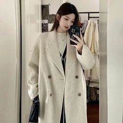 Lucyever Women's Woolen Long Coats Autumn Winter Loose Casual Double Breasted Overcoat Female Vintage Streetwear Wool Outerwear