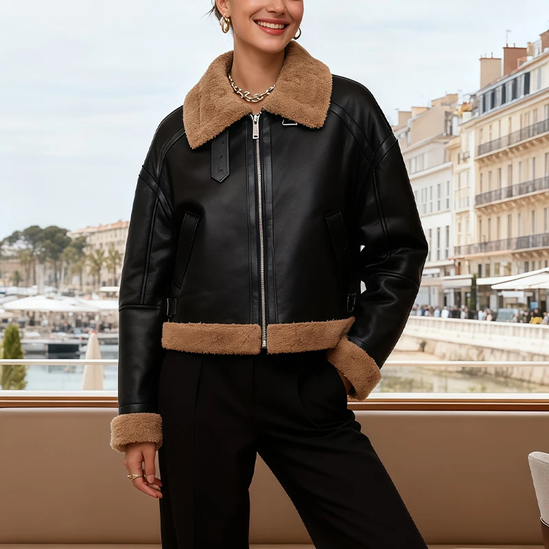 Giacca da donna ampia doppia corta stile motociclista per donna Colletto sfilacciato e orlo Giacca calda da pendolare Giacche da donna