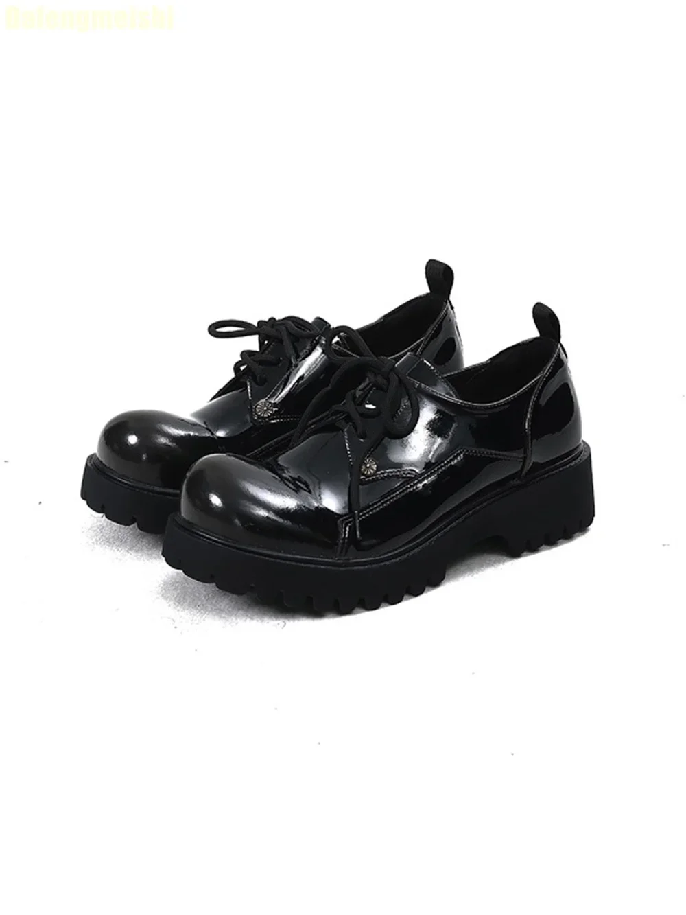 2026 Spring New Style Leather Shoes Unisex Polished Distressed Thick-Soled Derby Shoes Round Toe Lace-Up Casual Flats Shoes