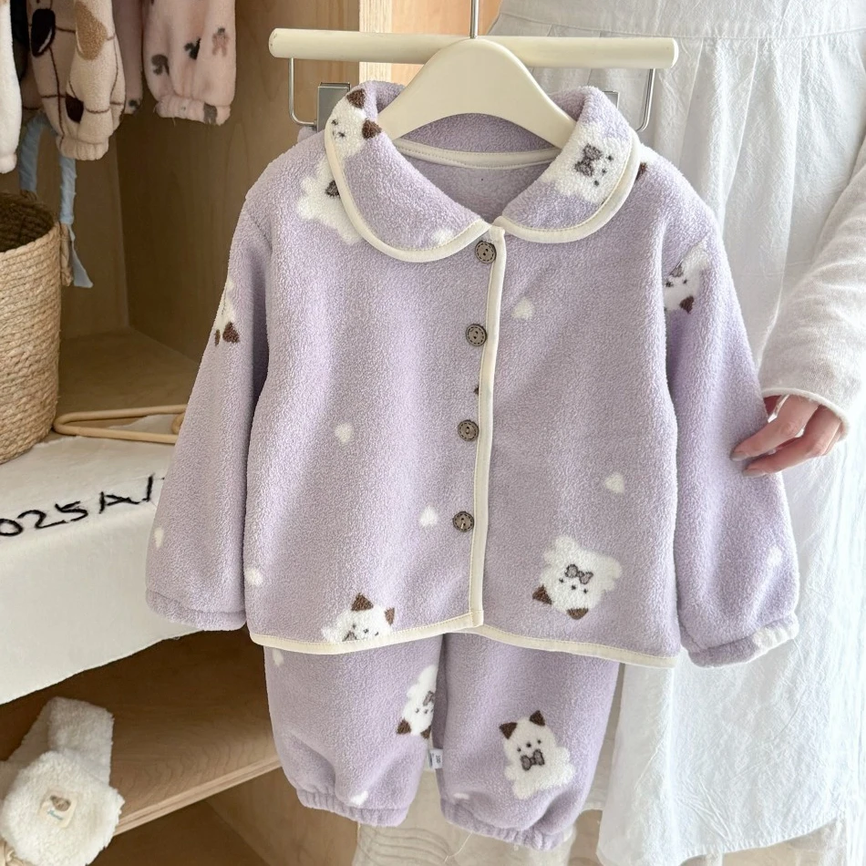 جديد 2025 أطفال شتاء رشاقته الدافئة لينة الفانيلا منامة طفل لطيف الكرتون ملابس خاصة بنين بنات بيجامات غير رسمية مجموعة ملابس