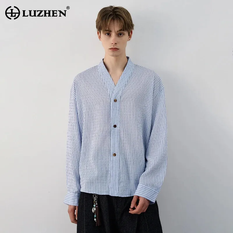 

LUZHEN 2025 Autumn New Stripe Printed Long Sleeve Shirts Men's Fashion Elegant Handsome Solid Color Casual Tops Clothes JY3937