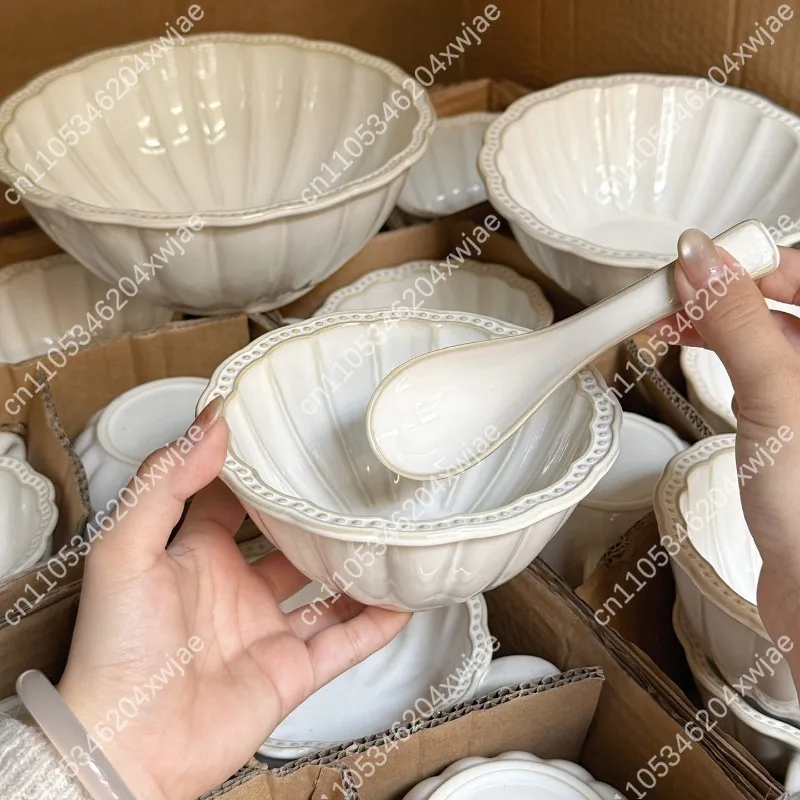 Vintage Embossed Bead Ceramic Rice Bowl Set Wabi-Sabi Style Large Soup Noodle Bowl Restaurant