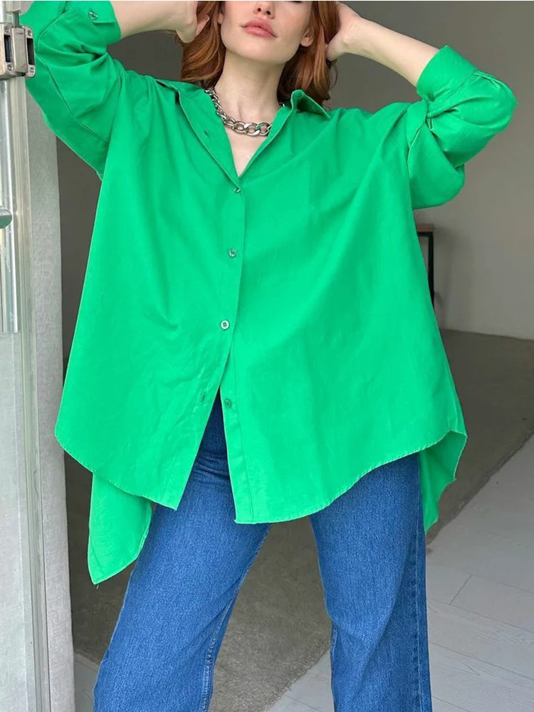 2023 Autumn New Oversize Shirt for Women Soild Color Loose Button Up Blouse with Open Back Green Back Slit Women\'s Cotton Shirt