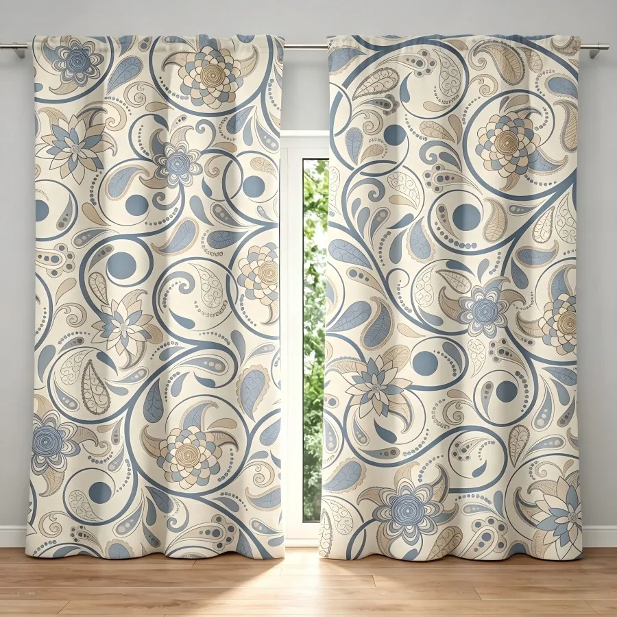 2PCS Digital Print  Curtain, Beige Blue Paisley, Bohemian Style  Curtain Panel for Home Living Room Bedroom Decor