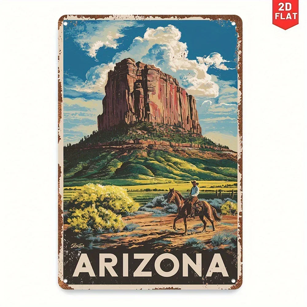 2D Flat, 1pc Vintage Arizona Landscape Metal Wall Art Sign - Retro Travel Poster Style with Distressed Edges, Monument Valley