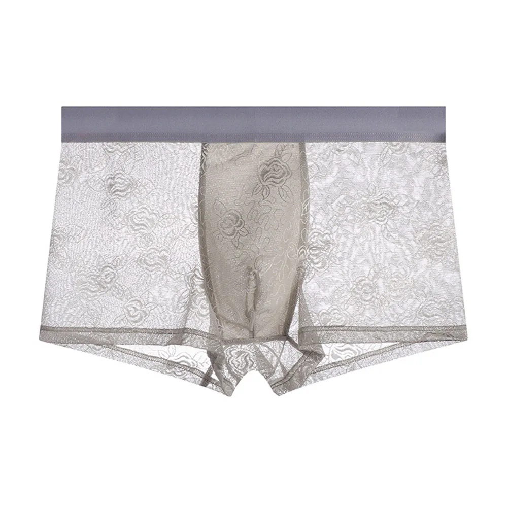 Men's Ice Silk Lace Boxer Shorts Bulge Pouch Solid Underwear See Through Trunks Mesh Thin Cool Breathable Mens BoxerShorts