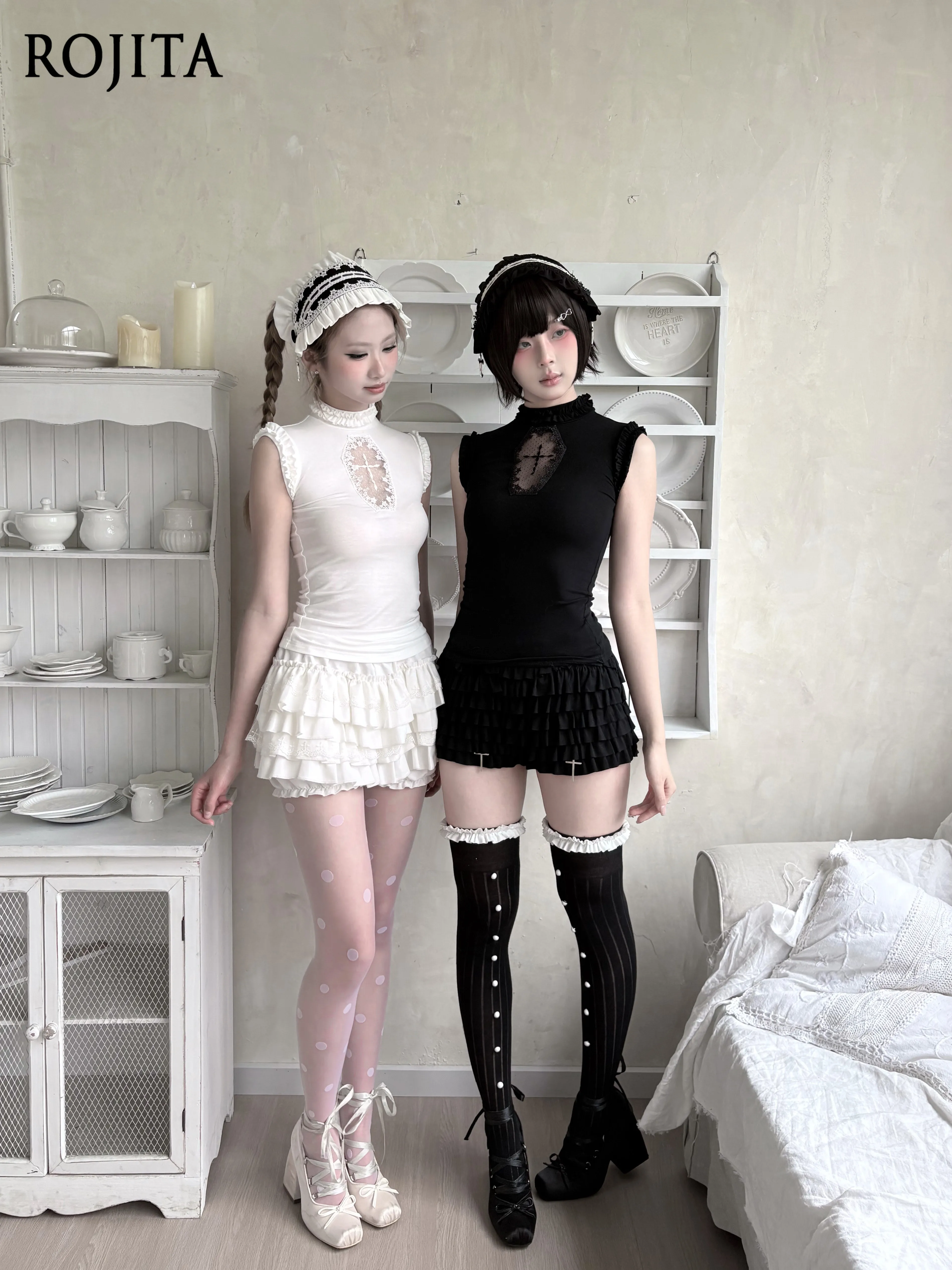 Women Sleeveless Slim Fit Top Ruffle High Neck T-Shirt Dark Gothic Cross Hollow Vest Subculture Cake Culottes