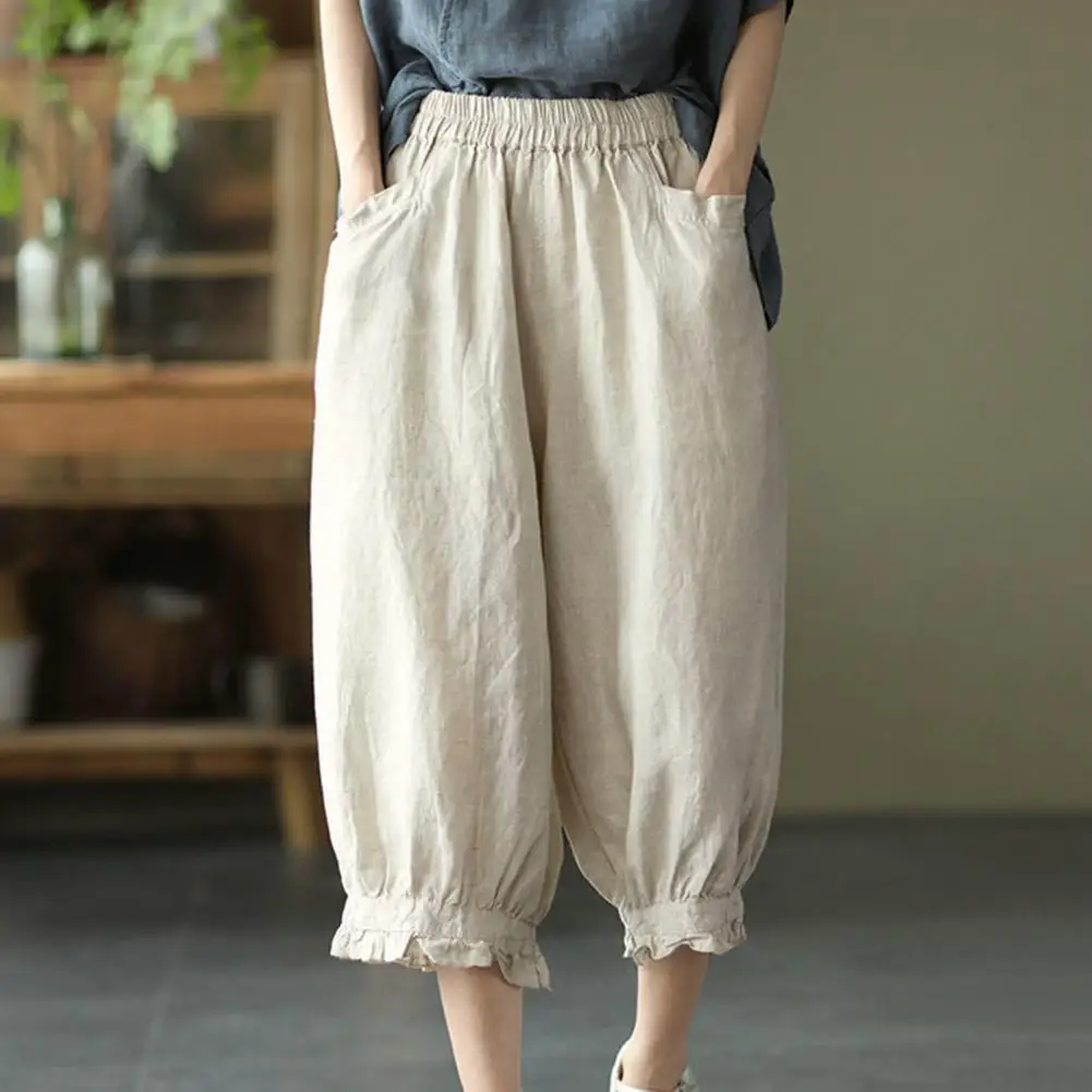 Elastic Waist Pants Retro Casual Women's Harem Pants with High Elastic Waist Soft Breathable Fabric Mid-calf Length for Summer