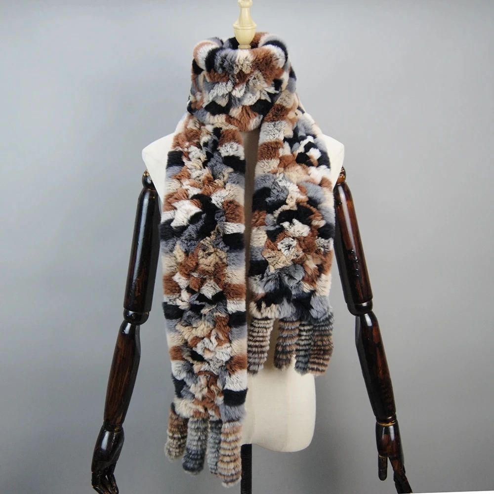 2024 Long Style Women Winter Real Rex Rabbit Fur Scarf Natural Rex Rabbit Fur Scarves Lady Knitted Rex Rabbit Fur Ring Scarves