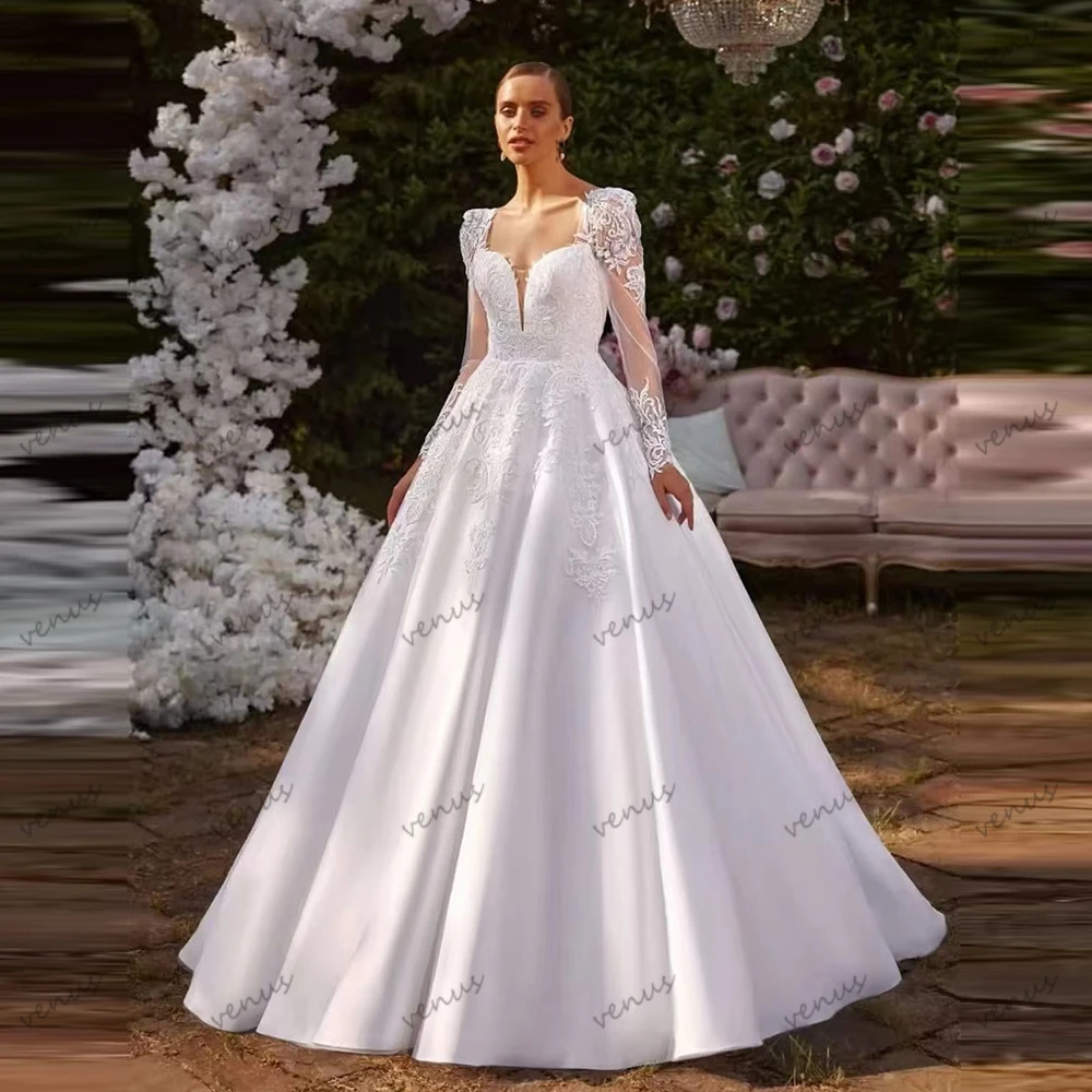 Exquisite Wedding Dresses A Line Satin Bridal Gowns Lace Appliques Full Sleeves Robes Backless Vestidos De Novia Customized 2026