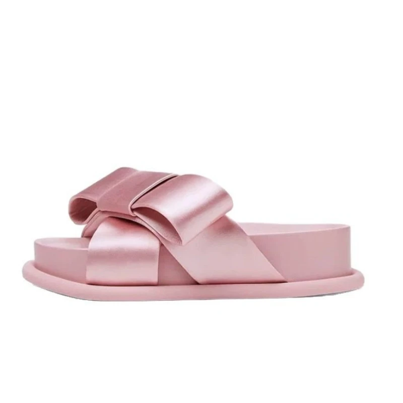 

2026 Women's Flats Sandals Cute Red Black Pink Color Satin Bow Platform Slides Casual Daily Summer Shoes Q-495